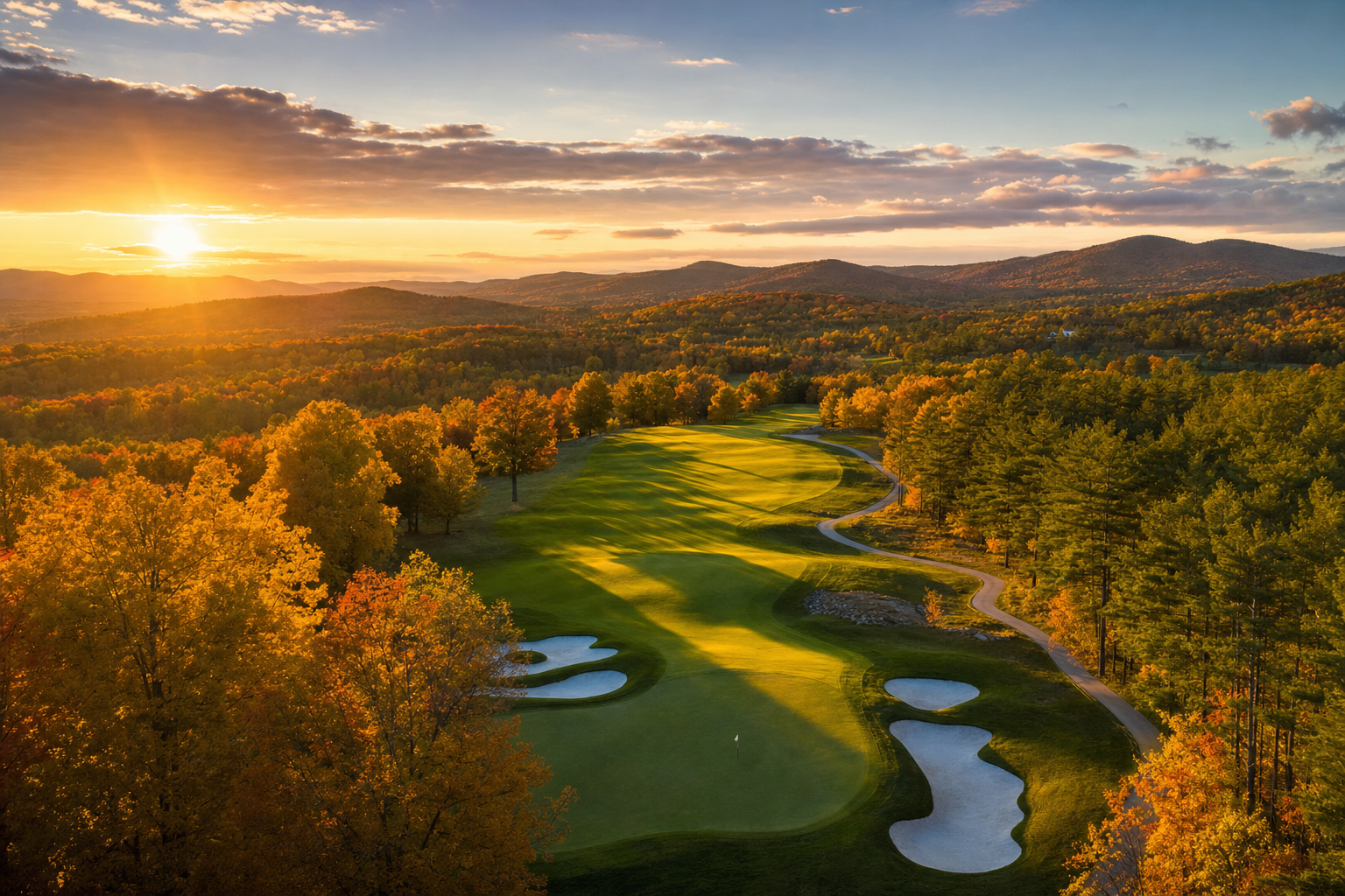 Aerial view of a New England golf course at sunset